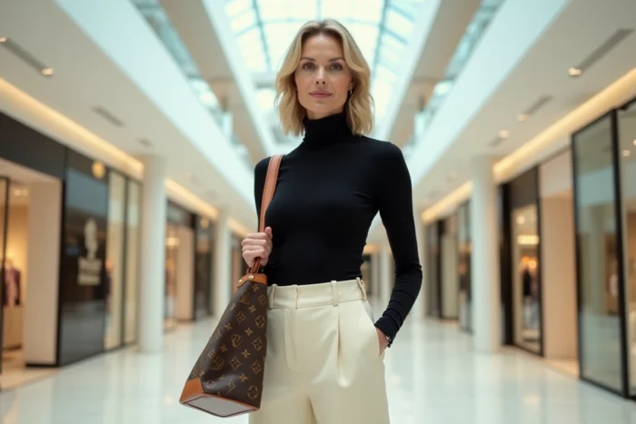 Femme sophistiquée avec sac monogramme Louis Vuitton dans un grand magasin luxueux au design moderne