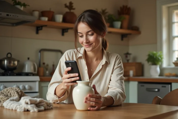 Femme photographiant des objets à échanger pour une annonce de troc en ligne depuis sa cuisine
