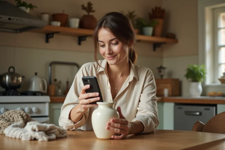 Femme photographiant des objets à échanger pour une annonce de troc en ligne depuis sa cuisine
