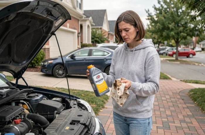Femme vérifiant le niveau et la qualité d'huile moteur dans une allée résidentielle