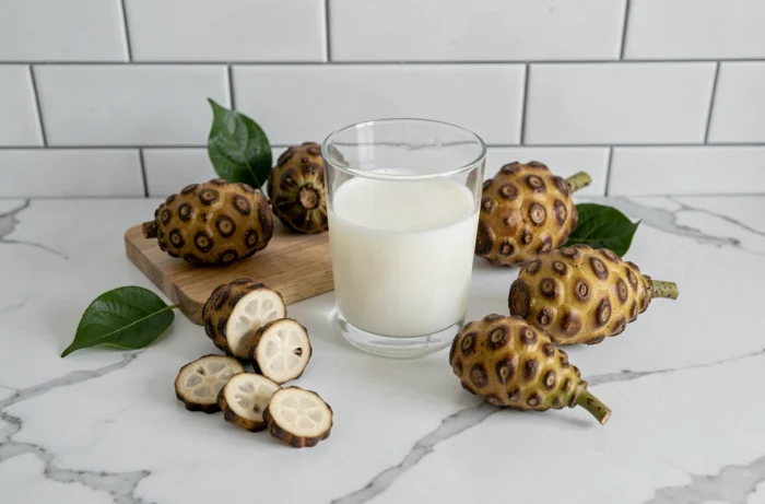 Fruits noni frais et verre de jus de noni maison disposés sur un plan de travail en marbre blanc