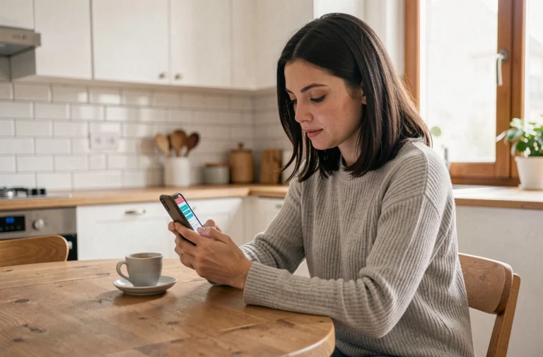 Femme gérant son compte La Poste Mobile sur smartphone dans une cuisine moderne