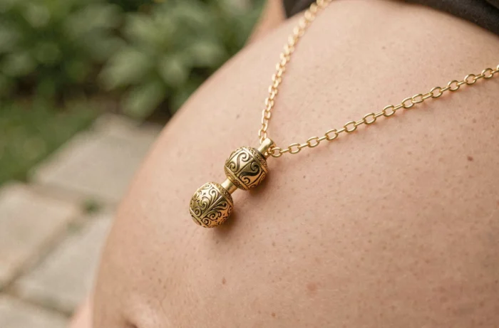 Gros plan d'un bola de grossesse Pandora posé sur un ventre arrondi dans un jardin verdoyant