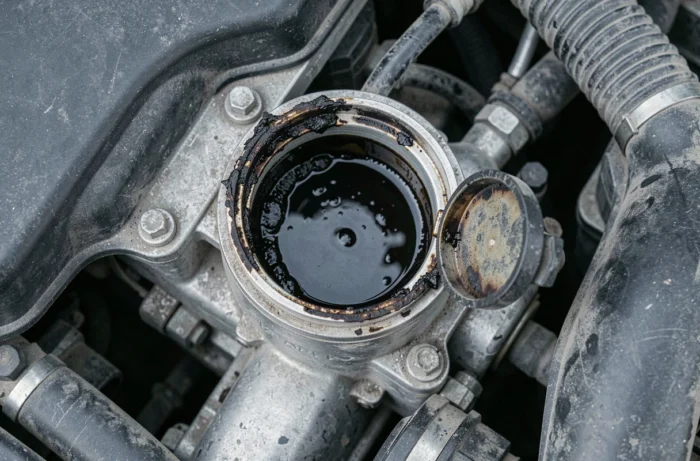 Gros plan sur le bouchon d'huile moteur retiré révélant une huile noire et dégradée dans le compartiment moteur