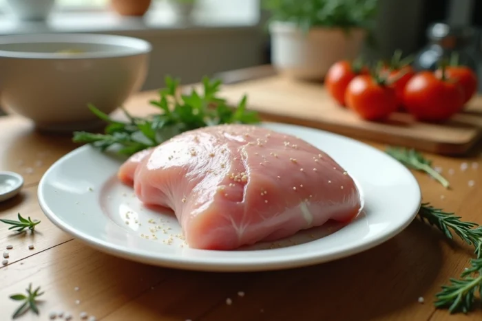 Gros plan sur de la viande de poulet crue avec des œufs de mouche visibles à la surface, posée sur une assiette blanche dans une cuisine domestique