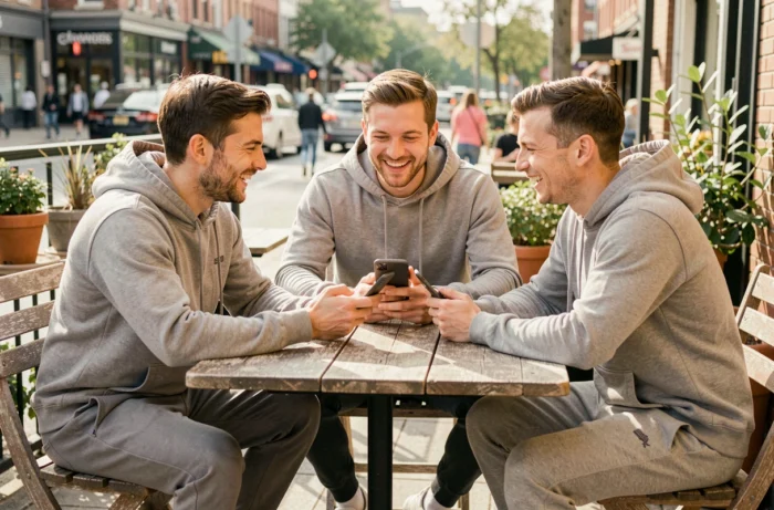 Groupe d'amis en tenue sportive décontractée consultant une application de fitness ensemble en terrasse de café