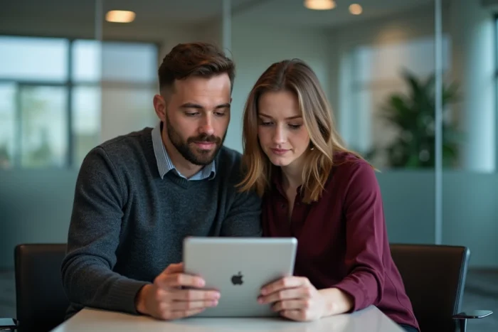 Deux collègues consultent ensemble le portail Alis BNP Paribas sur une tablette en salle de réunion