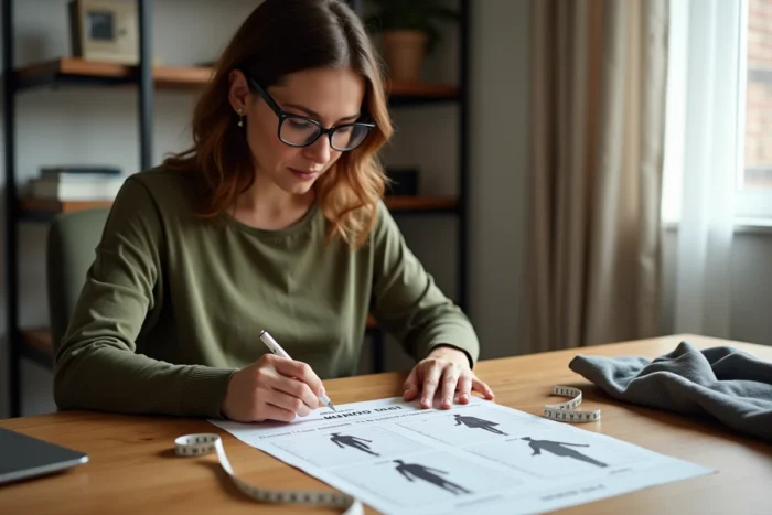 Femme consultant un guide des tailles avec un mètre ruban pour choisir une taille M
