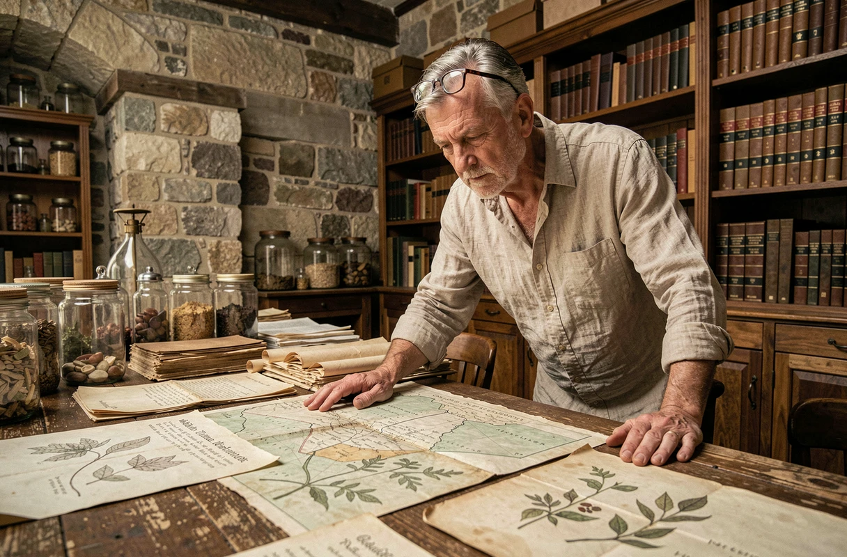 Historien étudiant d'anciennes cartes et manuscrits dans une archive pour percer les secrets des origines de la bogmoule