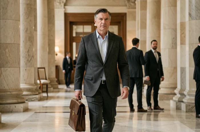 Homme d'affaires distingué traversant le hall en marbre d'une institution financière avec une mallette en cuir