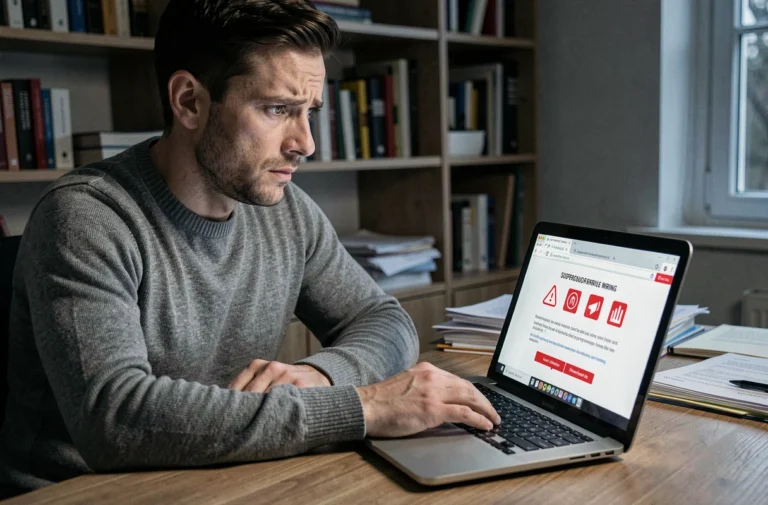 Homme inquiet regardant un avertissement de sécurité sur son ordinateur portable, illustrant les risques liés à bimvup.com