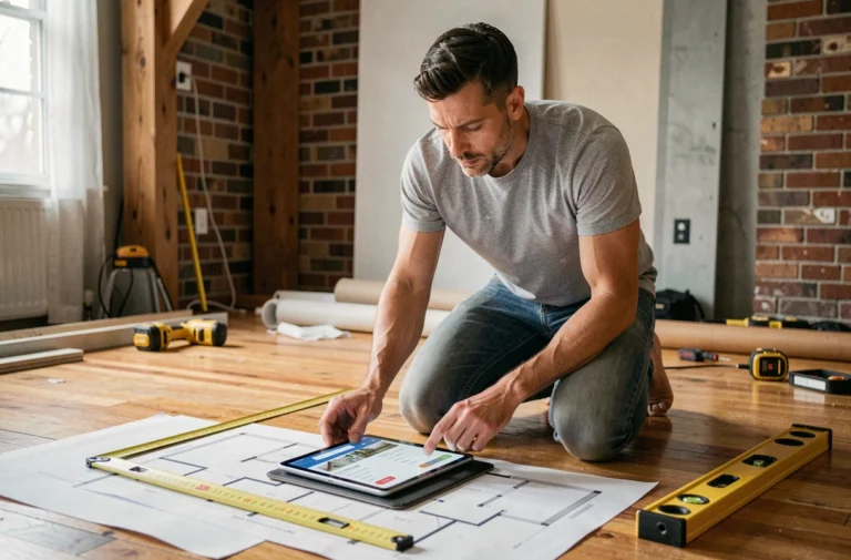 Homme consultant une application de bricolage sur tablette entouré d'outils de mesure dans un salon en rénovation