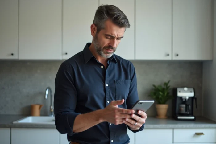 Homme consultant son espace client immobilier sur smartphone dans une cuisine moderne