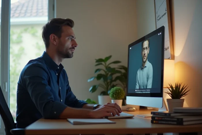Homme regardant du contenu vidéo en ligne depuis son bureau à domicile en France