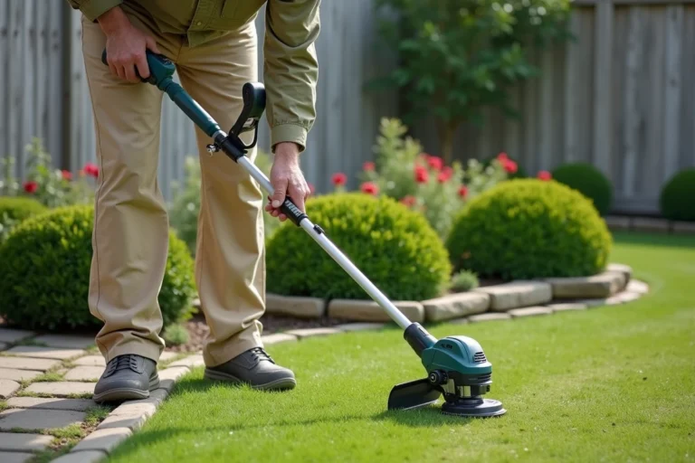 Homme utilisant un coupe-bordure électrique sans fil pour délimiter les bords d'une pelouse dans un jardin suburban
