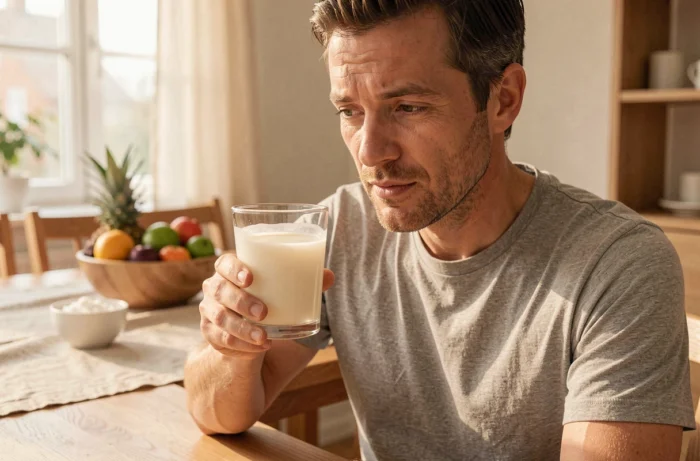 Homme dégustant un verre de jus de noni maison à table dans une salle à manger scandinave lumineuse