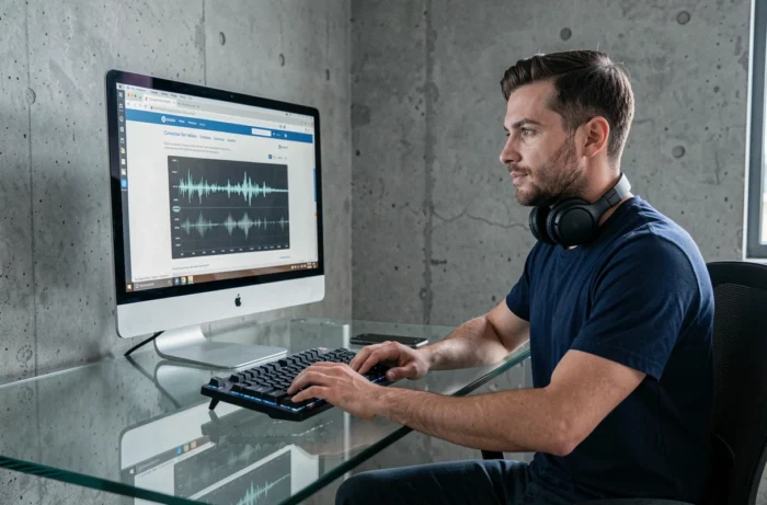 Homme extrayant de l'audio depuis YouTube avec un outil de conversion en ligne sur ordinateur de bureau