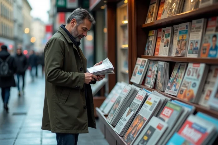 Homme parcourant des magazines et journaux à un kiosque à journaux en ville