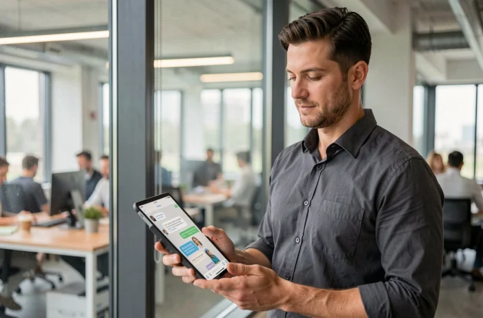 Homme consultant Luffa Messenger sur tablette dans un open space professionnel contemporain