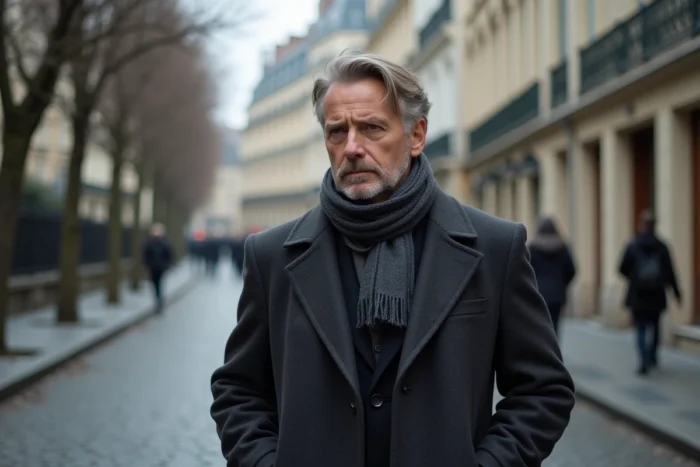 Homme en manteau marchant dans une rue pavée parisienne, atmosphère discrète et personnalité publique