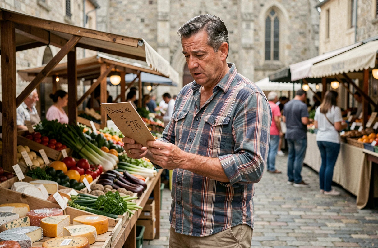 Homme d'âge moyen à l'air désorienté dans un marché de province français, image symbolisant l'expression pecno utilisée pour désigner quelqu'un de naïf ou maladroit