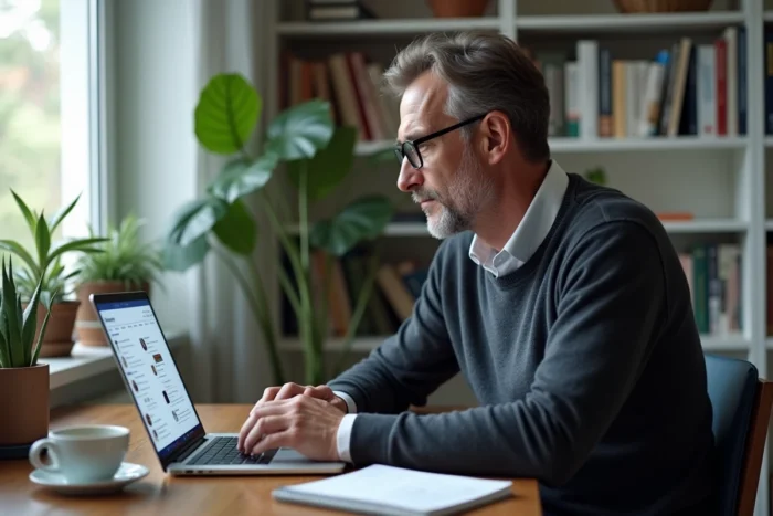 Homme consultant une plateforme de troc en ligne depuis son bureau à domicile