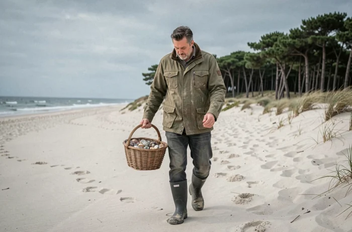 Homme se promenant sur le littoral des Landes avec un panier de coquillages ramassés sur la plage