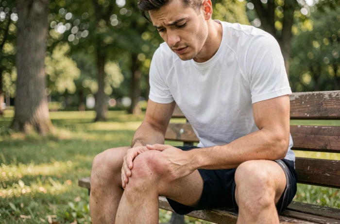 Jeune homme en tenue de sport observant un gonflement derrière son genou causé par un kyste