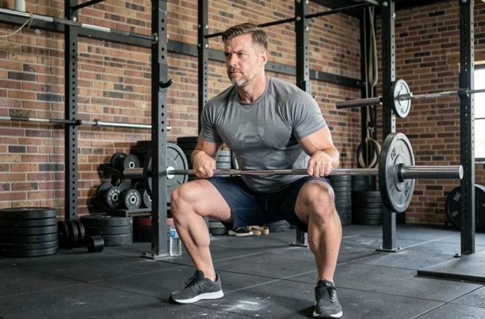 Homme effectuant un squat avec barre dans une salle de sport fonctionnelle à l'ambiance industrielle