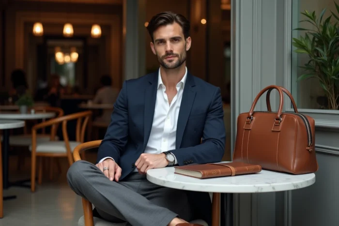 Homme en blazer marine et accessoires Louis Vuitton assis dans un café parisien chic