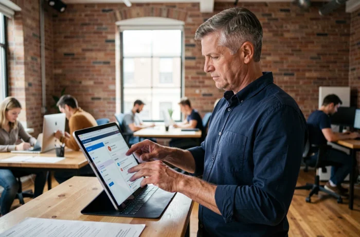 Hombre de pie utilizando una tableta para navegar por un menú de navegación estructurado en un espacio de coworking moderno