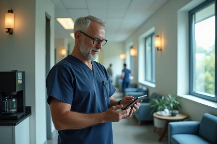 Infirmier consultant une plateforme professionnelle de santé sur une tablette dans une salle de pause hospitalière