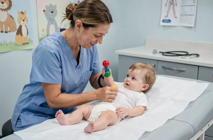 Pediatric nurse conducting a development assessment on a nine-month-old baby in a modern medical office