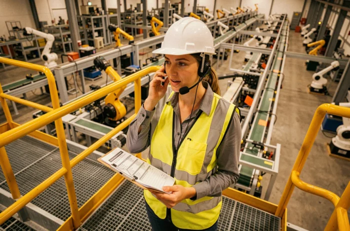 Ingénieure supervisant la maintenance préventive depuis une passerelle au-dessus d'un atelier de production automatisé