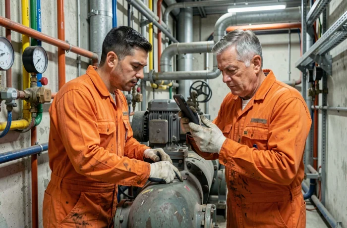Deux techniciens réalisant une inspection de pompe industrielle en milieu de production sans arrêt de la ligne