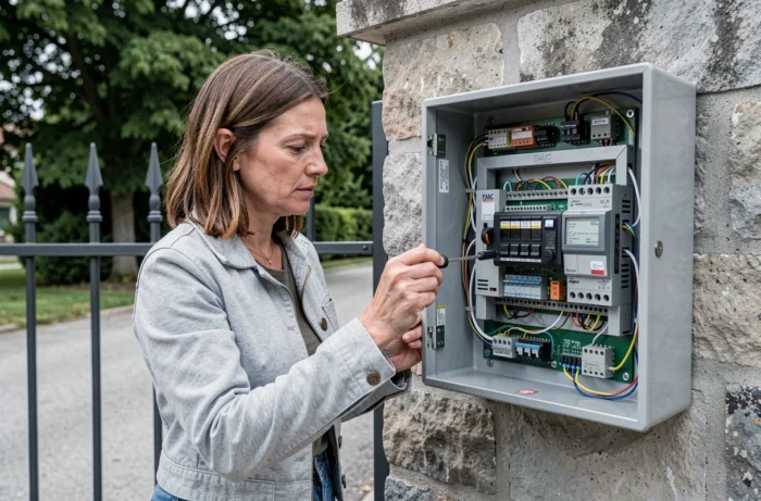 Femme inspectant le tableau de commande électronique d'un portail FAAC pour diagnostiquer une panne