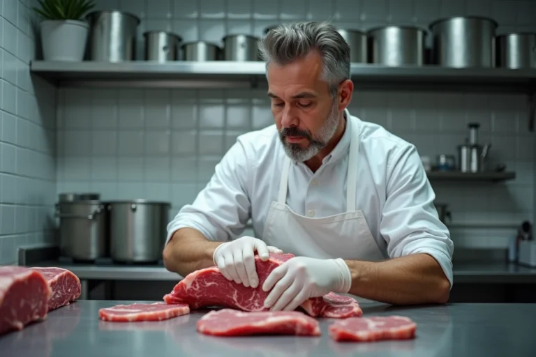 Boucher professionnel inspectant une pièce de viande crue pour détecter la présence d'œufs de mouche sur un plan de travail en inox