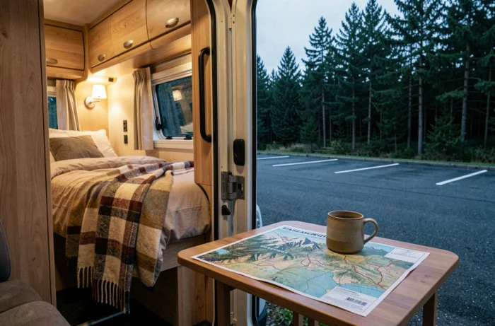 Intérieur douillet d'un camping-car aménagé pour la nuit lors d'un séjour à Dancharia