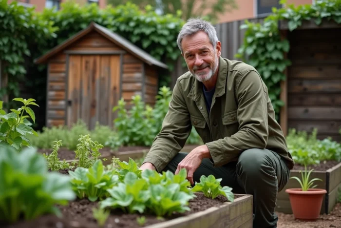 Homme entretenant un potager urbain avec composteur et outils de jardinage durables dans une cour verdoyante