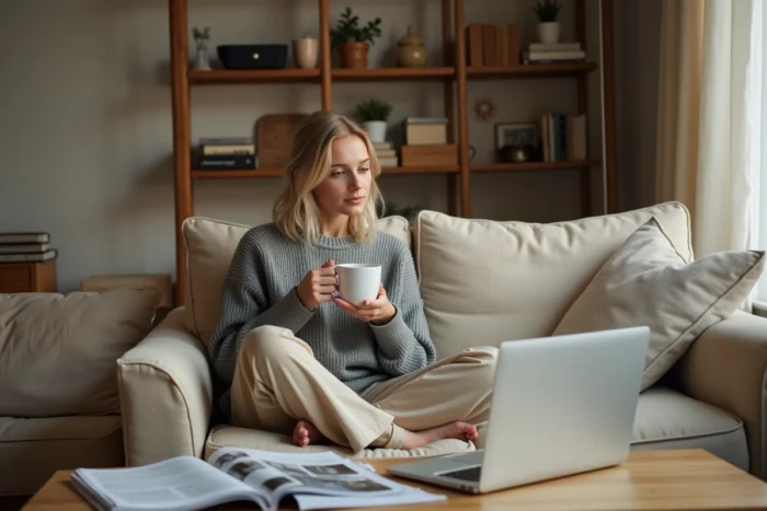 Jeune femme découvrant les nouvelles tendances et informations sur un ordinateur portable chez elle