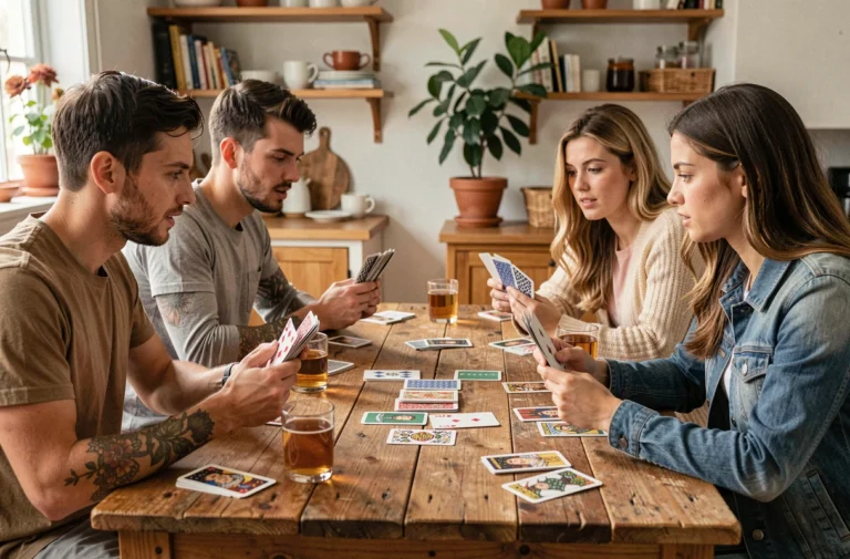 Quatre jeunes adultes jouant au Kems autour d'une table en bois dans un appartement chaleureux, cartes en main