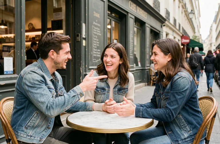 Groupe de jeunes adultes français en train de se taquiner autour d'une table de café parisien, illustrant l'usage familier et populaire du mot pecno entre amis