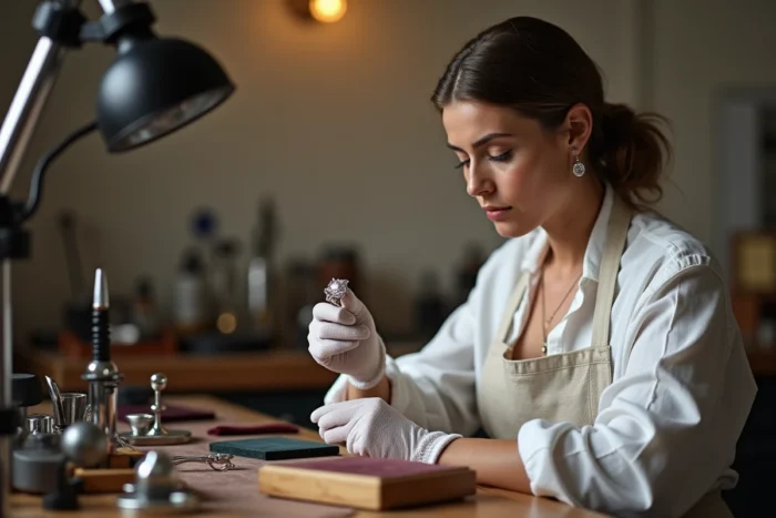 Joaillière experte tenant une bague de haute valeur sous loupe dans un atelier parisien, scène éditoriale réaliste
