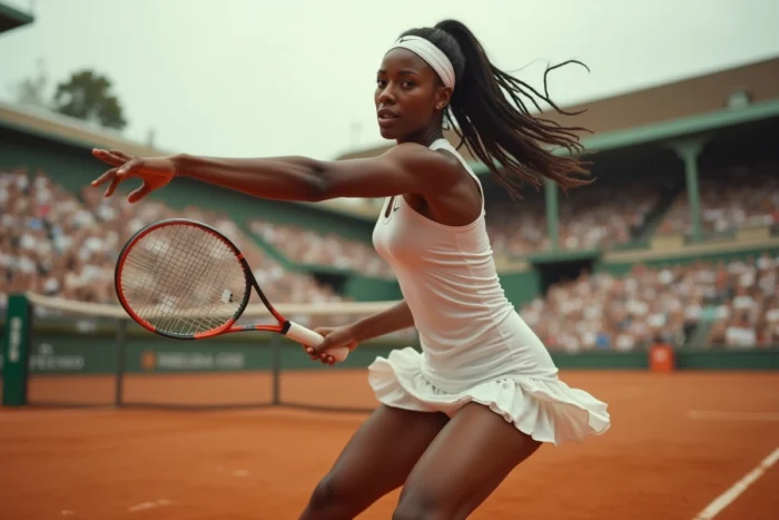 Joueuse de tennis en pleine action sur un court en terre battue historique, symbole des grandes figures du sport féminin