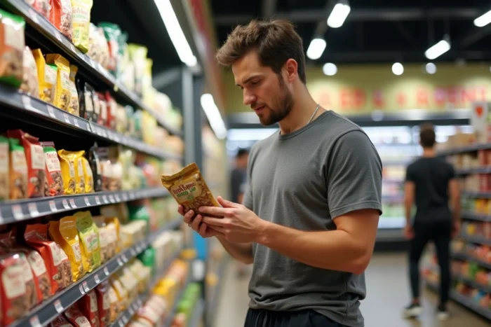Homme lisant les étiquettes nutritionnelles d'une collation en rayon de supermarché pour faire un choix sain