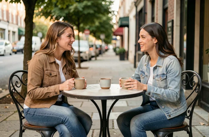 Duas mulheres conversando em torno de um café em uma varanda, ilustrando a importância do vínculo social para a saúde mental e o bem-estar