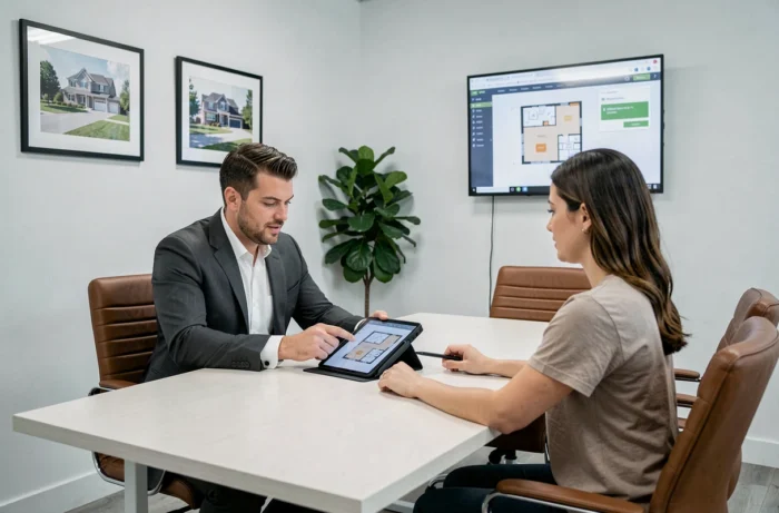 Agente immobiliare che presenta un software di piano di piano digitale a clienti in sala riunioni