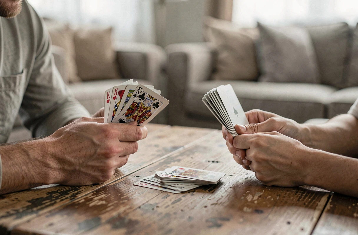 Gros plan de mains tenant des cartes à jouer lors d'une partie de Kems sur une table en bois
