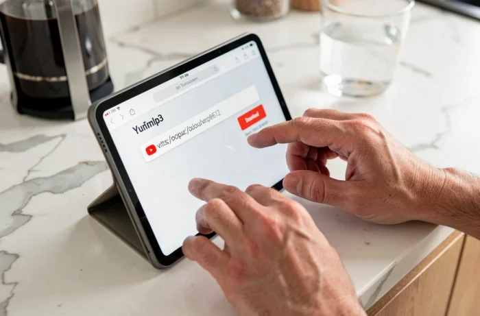 Gros plan de mains utilisant un convertisseur ytmp3 sur une tablette dans une cuisine moderne