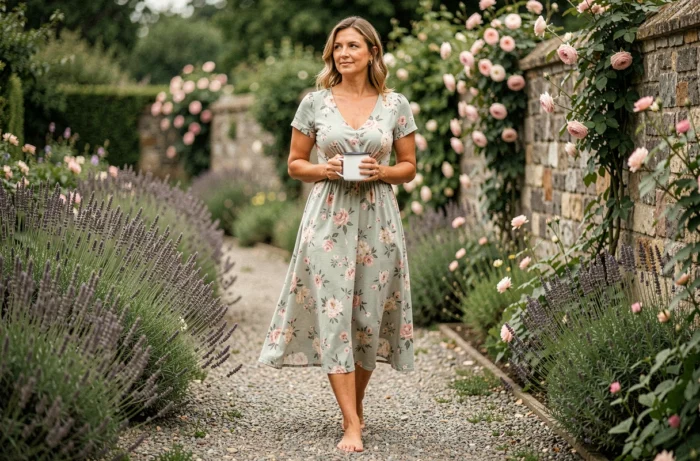 Mom walking barefoot in a flower garden with a cup of tea, a moment of well-being and reconnection to nature for moms